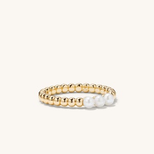 14k Gold dainty pearl ring, pearl stacking band ring, pearl eternity wedding band, june birthstone, promise ring, christmas gift for mom