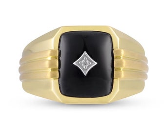 Men's Elongated Cushion-Cut Black Onyx and Diamond Accent Triple Row Ribbed Shank Ring in 10K Gold