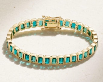 Bracelet tennis émeraude, taille émeraude, argent, or 14 carats Bracelet émeraude avec pierres de naissance Bijoux de tous les jours Bracelet tennis octogonal émeraude