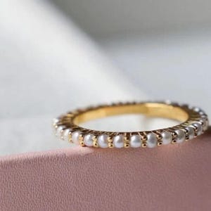 14K gold plated dainty pearl ring, pearl stacking full band ring, pearl eternity wedding band june birthstone, promise ring,  gift for mom