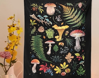 Mushroom Tapestry, Botanical Fungi Wall Hanging, Toadstool mandala, Psychedelic Celestial Tapestry, Starry Night Sky,