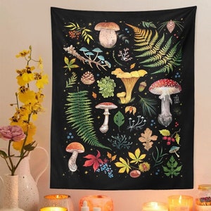 Mushroom Tapestry, Botanical Fungi Wall Hanging, Toadstool mandala, Psychedelic Celestial Tapestry, Starry Night Sky,