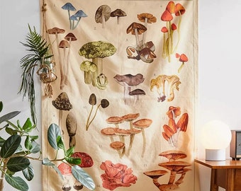 Psychedelic Magic Mushroom Tapestry, Wall Decor, Mycology, Mushroom Identification Chart, Illustration Wall Art, Boho Decor, Home Decoration