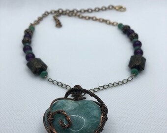Amazonite Wire-Wrapped Pendant with Beaded Chain, heart shaped, unique, hand crafted