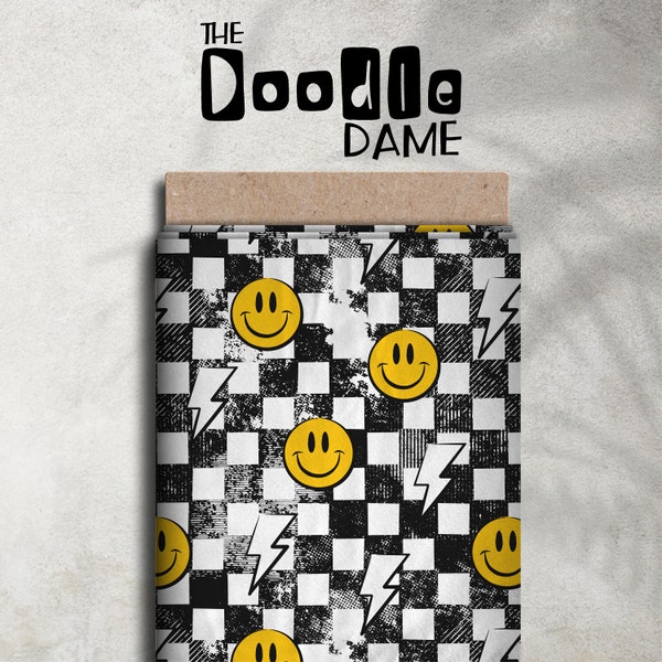 Seamless digital pattern black and white check grunge - checkered - lightning & smileys - smile - yellow - tile infinitely - seamless paper