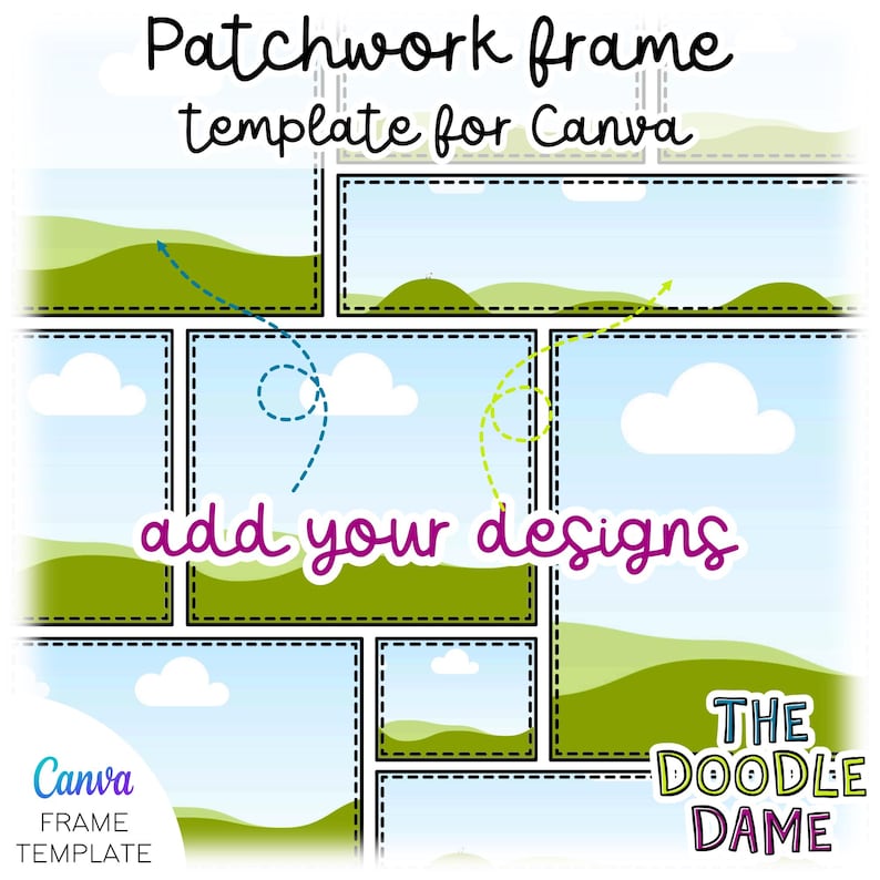 K&ouml;nnte beinhalten: Eine digitale Patchwork-Rahmenvorlage f&uuml;r Canva, die eine Collage rechteckiger Rahmen mit einem Himmel- und Landschaftshintergrund zeigt. Der Text "Patchwork frame template for Canva" und "add your designs" sind zu sehen.