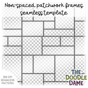 May include: A digital seamless template featuring non-spaced patchwork frames. The design includes a grid of rectangular and square shapes outlined with dashed lines. The text "Non-spaced patchwork frames seamless template" is at the top. The bottom left corner reads "300 DPI SEAMLESS PATTERN".