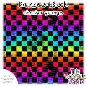 Patrón digital sin costuras de arcoíris y cuadros negros grunge / cuadros brillantes - mosaico infinito - imagen PNG