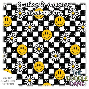 Seamless digital pattern black and white check | checkered - daisies, smileys & stars - smile - yellow - tile infinitely - surface pattern