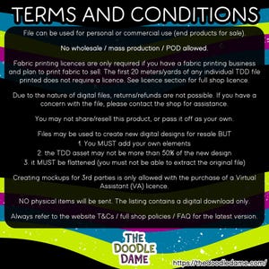 Pu&ograve; includere: Immagine scaricabile digitalmente con il testo "TERMS AND CONDITIONS" in bianco. Il testo dettaglia i diritti di utilizzo, incluso l'uso personale e commerciale, e le restrizioni sulla rivendita e la produzione di massa. Il logo Doodle Dame &egrave; in basso.