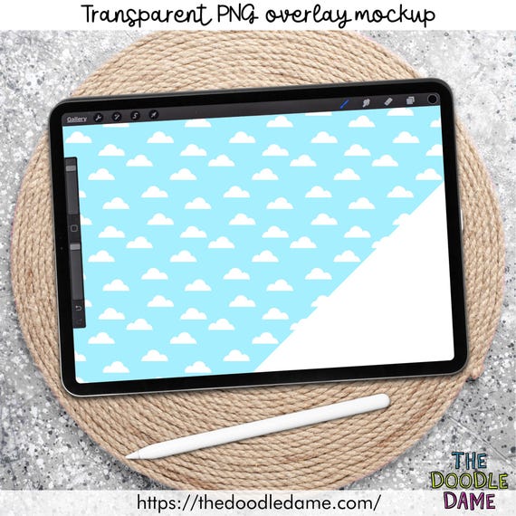Transparent PNG overlay mockup of iPad and pencil lying on a woven app with procreate app