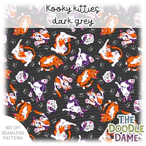 May include: Seamless pattern featuring playful cartoon cats in orange, purple, and white on a dark gray background. The text "Kooky kitties dark grey" is at the top. The pattern also includes paw prints. The words "300 DPI SEAMLESS PATTERN" are at the bottom.