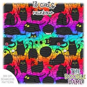 May include: A vibrant seamless pattern with black cat illustrations set against a rainbow backdrop. The design includes the text "13 cats rainbow" and "300 DPI SEAMLESS PATTERN". The Doodle Dame logo is also visible.