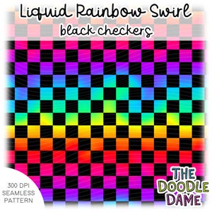 Può includere: Motivo digitale senza cuciture con un motivo a scacchiera e un effetto vortice arcobaleno liquido. I quadrati alternano tra nero e una sfumatura di colori, tra cui rosa, arancione, giallo, verde, blu e viola. Il testo "Liquid Rainbow Swirl black checkers" è in alto.