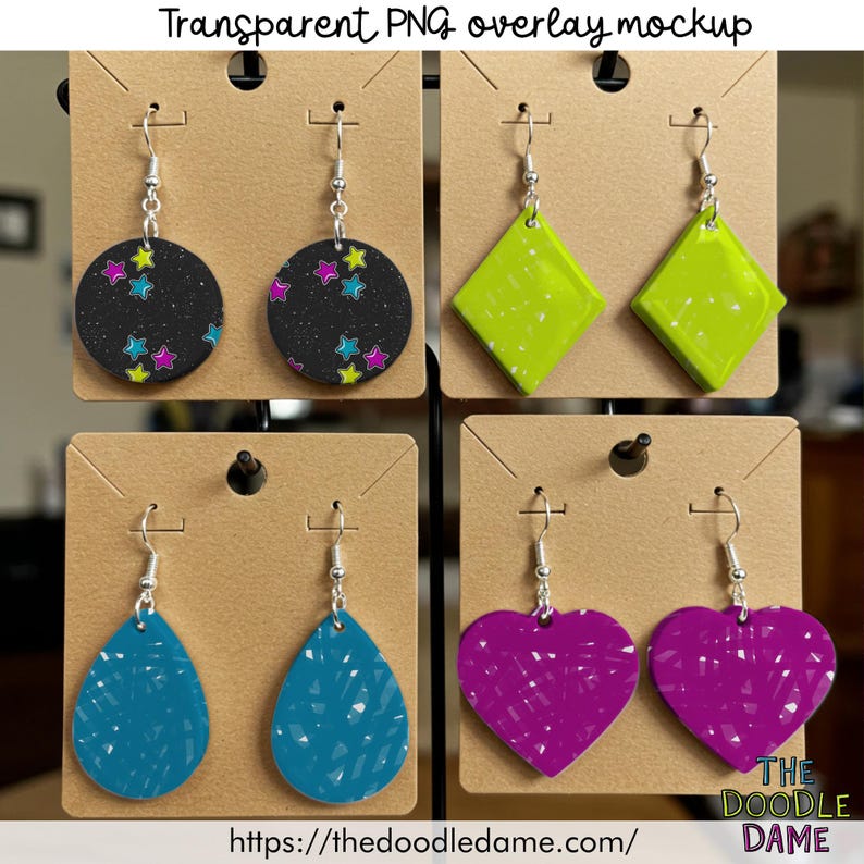 May include: A display of handmade earrings in various shapes and colors. The earrings include black circles with star patterns, lime green diamonds, teal teardrops, and purple hearts. Each pair hangs on a brown display card with silver hooks. The text "Transparent PNG overlay mockup" is at the top.