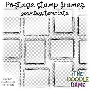 May include: Black and white seamless template of postage stamp frames. The design features multiple square frames with a classic postage stamp edge. Text includes "Postage stamp frames", "seamless template", "300 DPI", "seamless pattern", and "The Doodle Dame".