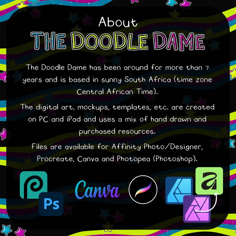 Pu&ograve; includere: Sfondo nero con accenti colorati e testo. Il testo recita "About THE DOODLE DAME" e descrive l'arte digitale, i mockup e i modelli dell'azienda. Include i loghi di Canva, Procreate e Affinity Photo.