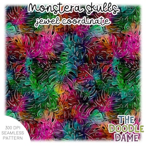 Seamless digital pattern monstera delicious monster leaves skulls coordinate in jewel tones | tile infinitely - surface pattern