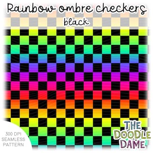 Peut inclure: Un motif sans couture avec un motif de damier arc-en-ciel ombré et des carrés noirs. Le texte "Rainbow ombre checkers black" est en haut. Le coin inférieur gauche indique "300 DPI SEAMLESS PATTERN". Le logo Doodle Dame est en bas à droite.