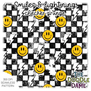 Seamless digital pattern black and white check grunge | checkered - lightning & smileys - smile - yellow - tile infinitely - surface pattern