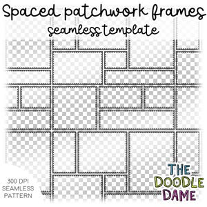 May include: A digital seamless template with spaced patchwork frames. The design features black outlines with a dotted stitch effect, creating a grid-like pattern. Text includes "Spaced patchwork frames seamless template" and "300 DPI seamless pattern". The Doodle Dame logo is in the bottom right.