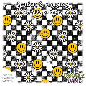 Seamless digital pattern black and white check grunge | checkered - daisies & smileys - smile - yellow - tile infinitely - surface pattern