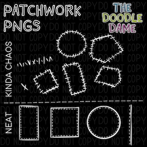 Könnte beinhalten: Schwarzer Hintergrund mit weißen Strichzeichnungen von Patchwork-Formen, darunter Kreise, Quadrate und unregelmäßige Polygone. Der Text "PATCHWORK PNGS" und "THE DOODLE DAME" stehen oben. Die Wörter "Kinda Chaos" und "Neat" sind ebenfalls vorhanden.