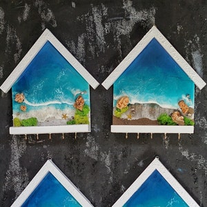 Ocean wave unique resin key holder, Beach themed key hanger, Tropical entryway moss wall decor