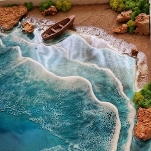 Grande oeuvre d'art murale en résine sur le thème de l'océan, art réaliste 3D de mousse ondulée, oeuvre d'art de paysage océanique, décoration murale de salon côtière
