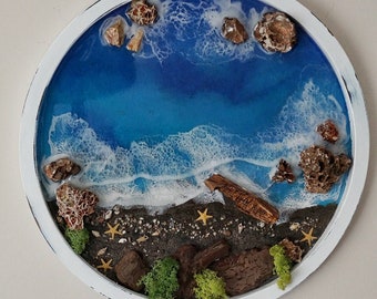 15.8" seascape resin painting, ocean resin art, beach themed epoxy painting, moss wall art