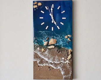 Rectangle Ocean themed large resin wall clock, Coastal original painting, Beach wave epoxy wooden clock