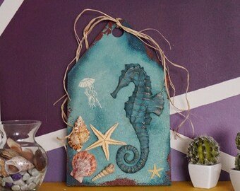Decoración de pared con conchas marinas y caballitos de mar, decoración náutica para el baño, obra de arte playera.