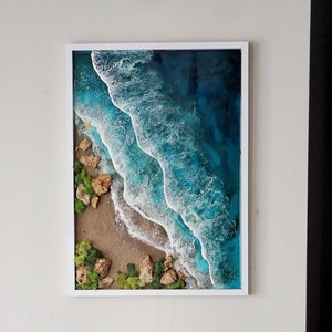 Large ocean wave resin framed wall art, Seaside decor epoxy painting, Beach themed 3D picture