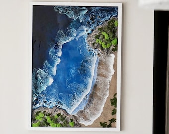 Arte de pared de resina con olas oceánicas de gran tamaño, pintura epoxi con decoración costera, imagen 3D con temática de playa