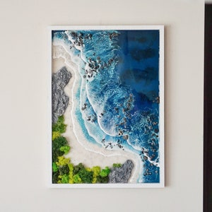 Large ocean theme aesthetic epoxy resin painting, 3D moss wall art, Handmade coastal office wall decor