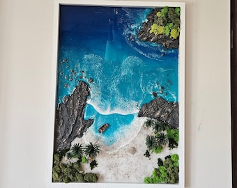 Cuadro de resina 3D con diseño de isla, arte mural costero oceánico (27,5 x 19,7 cm)