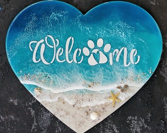 15.8" Heart shape welcome sign ocean resin art for pet lovers, Coastal epoxy wall hanging, 3D Beach wave painting