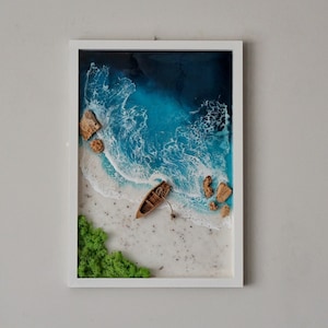 Rectangle framed coastal resin art, Seaside epoxy resin wall decor, Housewarming gift for beach lovers