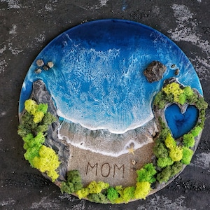 15.8&quot; Personalized resin art gift for mom, Custom epoxy resin painting, Seascape moss wall decor