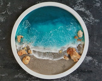 Seascape Resin Painting, Ocean Wall Art with Seashells (15.8")