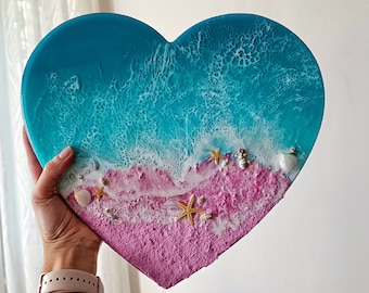 13"  Heart shaped pink ocean shore resin art, Nautical kids room wall decor, Beach themed baby shower decoration epoxy artwork