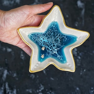 Glow in dark Resin Ocean wave star shape ceramic ring dish, Unique handmade engagement gift Sea turtle ornament trinket jewelry holder image 5