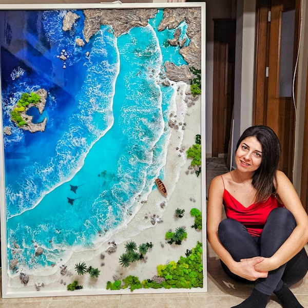Arte de pared de resina de olas de playa de tamaño personalizado, pintura grande junto al mar, imagen 3D con temática oceánica