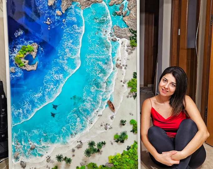 Custom size beach wave resin wall art, Large Seaside painting, Ocean themed 3D picture