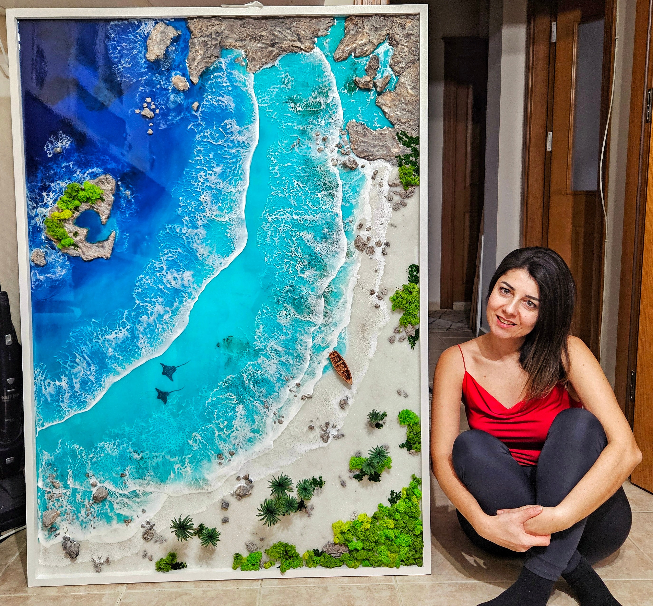 Custom Size Beach Wave Resin Wall Art, Large Seaside Painting