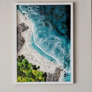 Grande oeuvre d'art murale en résine sur le thème de l'océan, vague époxy réaliste 3D, oeuvre d'art de paysage océanique, décoration murale de salon côtière