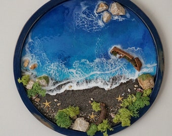 15.8" seascape resin painting, beach wave wall decor, beach themed epoxy resin painting, moss wall art, coastal wall art