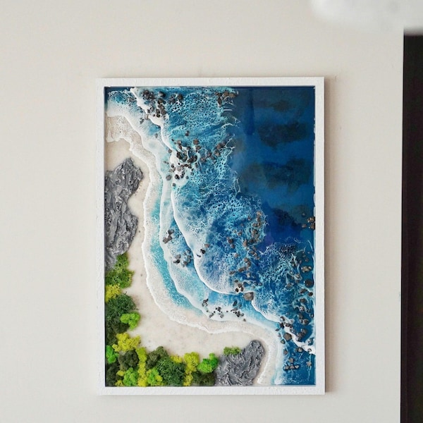 Cuadro 3D de resina con motivos marinos, hecho a mano, arte mural de musgo costero (27,5 x 19,7 cm)