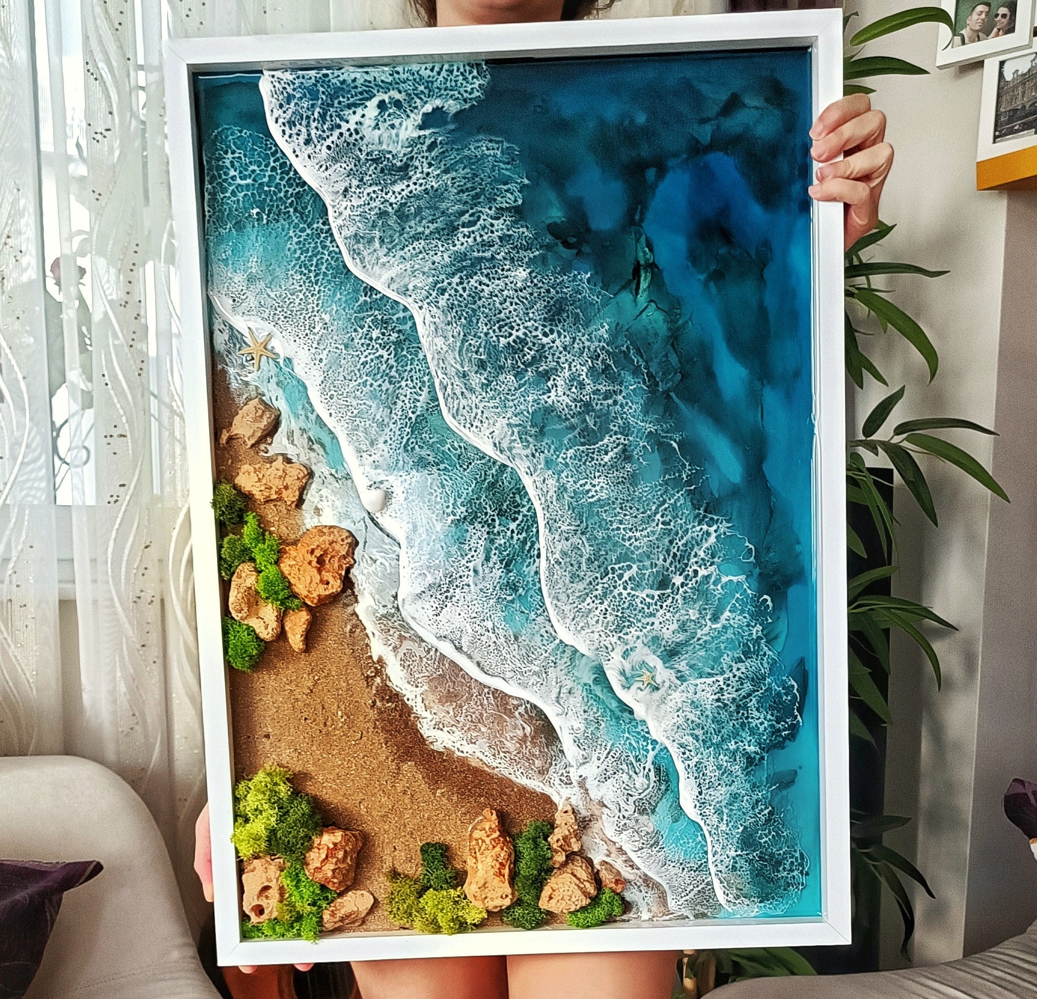 Large Ocean Wave Resin Framed Wall Art Seaside Decor Epoxy