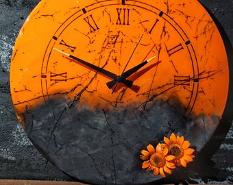 Floral resin large wall clock, Fall home decor as housewarming gift , Unique wall art with glow in dark clock hands, Resin art wood clock